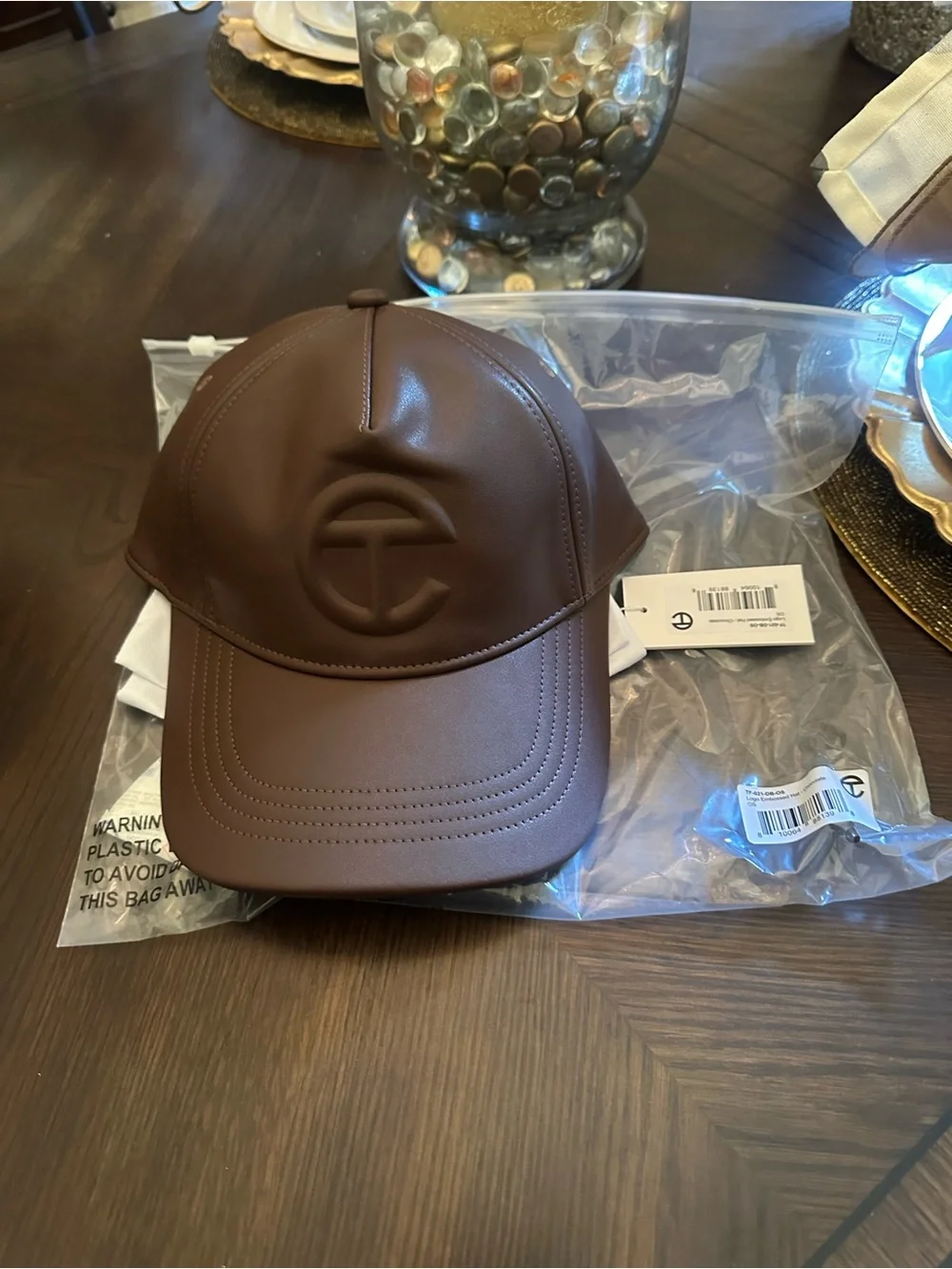Brand New Unisex Telfar Chocolate Brown Embossed Logo Leather Cap